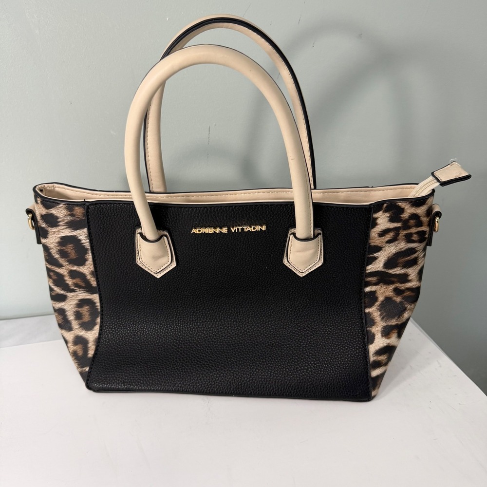 Adrienne Vittadini Black Faux Leather Leopard Print Satchel Handbag